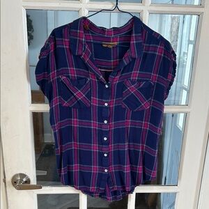 Q41. (Rack).  Plaid Button-Up Blouse - Blue and Pink